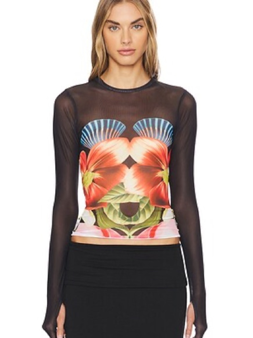 AFRM Black Sheer Long-Sleeve Top with Red Floral Print